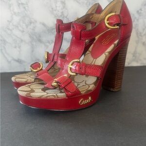 Coach Red Leather T-Strap Platform Heels with Signature Canvas Footbed